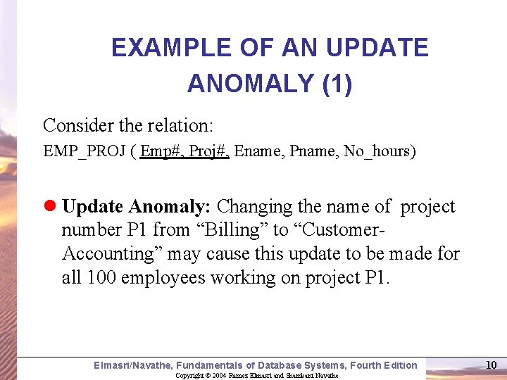 EXAMPLE OF AN UPDATE ANOMALY (1) Consider the relation: EMP_PROJ ( Emp#, Proj#, Ename,