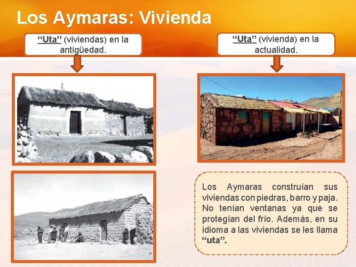 Los Aymaras: Vivienda “Uta” (viviendas) en la antigüedad. “Uta” (vivienda) en la actualidad. Los Los Aymaras: Vivienda “Uta” (viviendas) en la antigüedad. “Uta” (vivienda) en la actualidad. Los