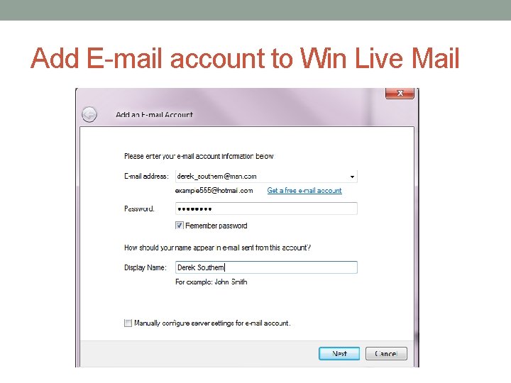 Add E-mail account to Win Live Mail 