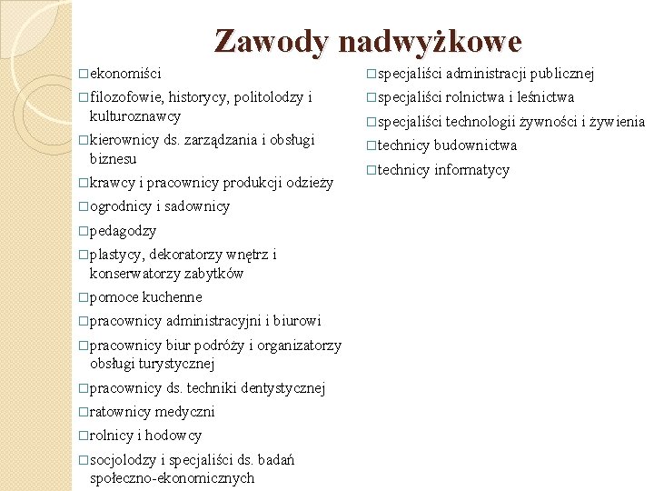 Zawody nadwyżkowe �ekonomiści �specjaliści administracji publicznej �filozofowie, �specjaliści rolnictwa i leśnictwa �specjaliści technologii żywności