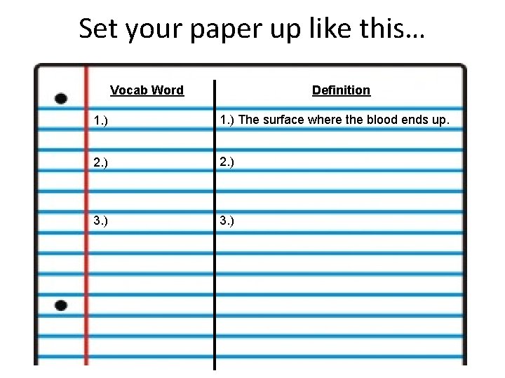 Set your paper up like this… Vocab Word Definition 1. ) The surface where