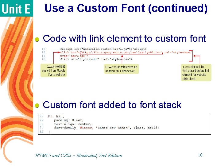 Use a Custom Font (continued) Code with link element to custom font Custom font Use a Custom Font (continued) Code with link element to custom font Custom font