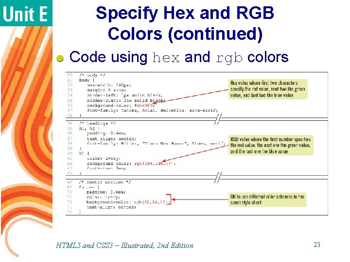 Specify Hex and RGB Colors (continued) Code using hex and rgb colors HTML 5 Specify Hex and RGB Colors (continued) Code using hex and rgb colors HTML 5