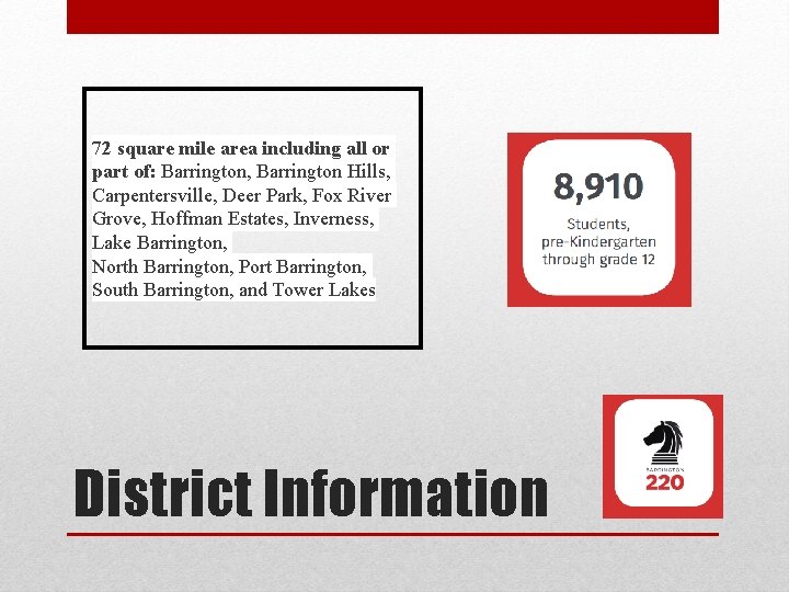72 square mile area including all or part of: Barrington, Barrington Hills, Carpentersville, Deer