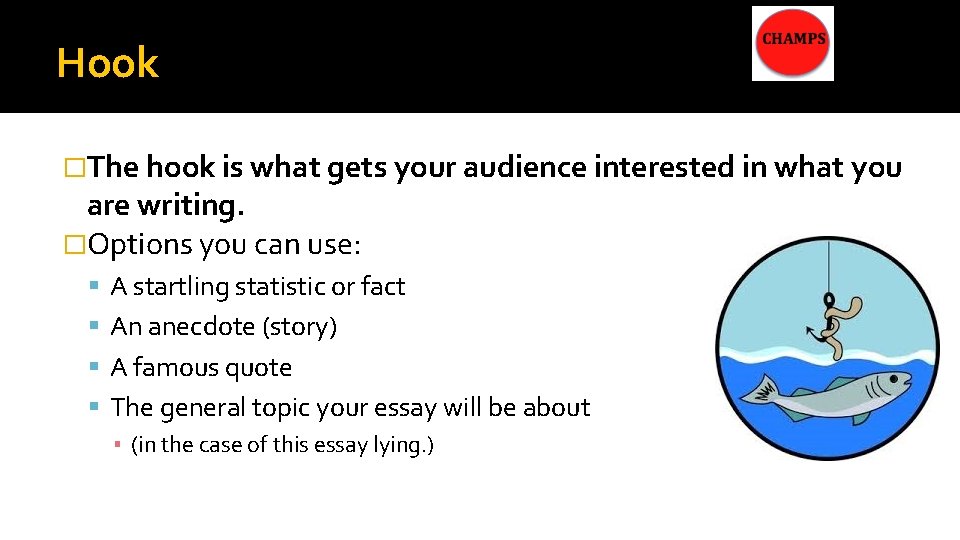 Hook �The hook is what gets your audience interested in what you are writing.