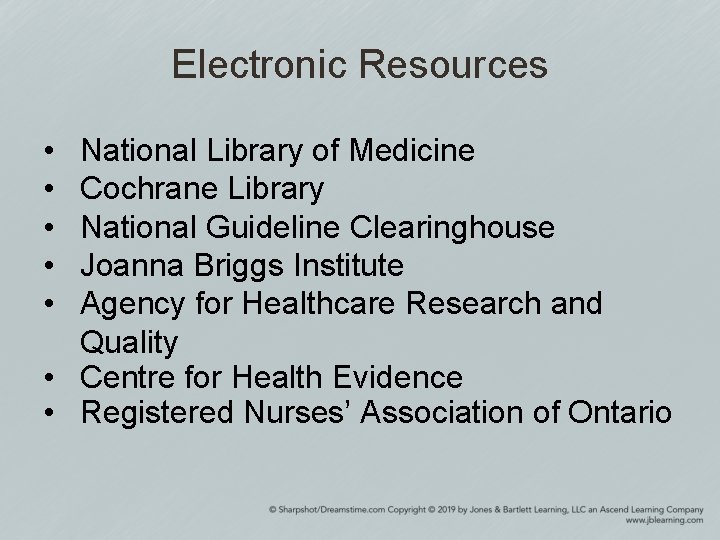 Electronic Resources • • • National Library of Medicine Cochrane Library National Guideline Clearinghouse