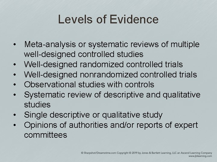 Levels of Evidence • Meta-analysis or systematic reviews of multiple well-designed controlled studies •