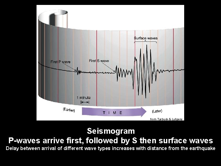 from Tarbuck & Lutgens Seismogram P-waves arrive first, followed by S then surface waves