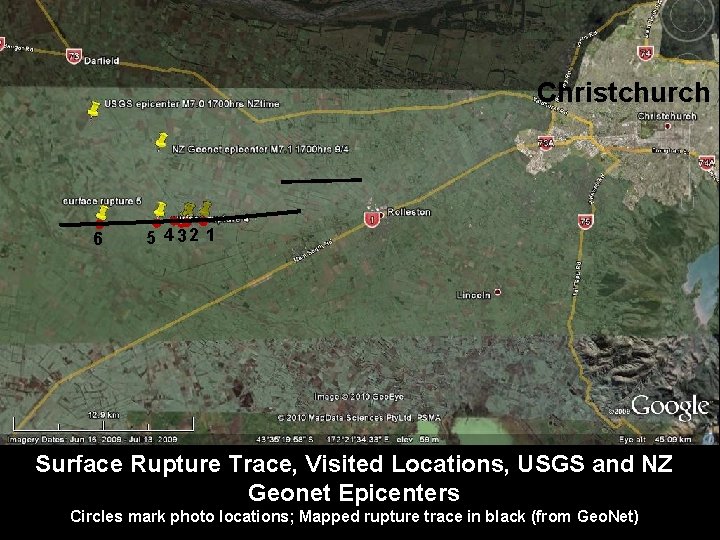 Christchurch 6 5 4 32 1 Surface Rupture Trace, Visited Locations, USGS and NZ