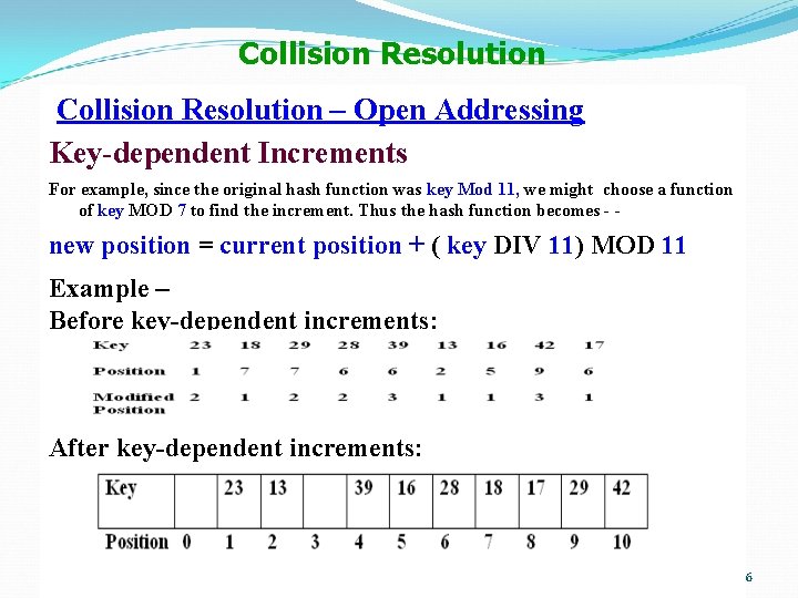 Collision Resolution – Open Addressing Key-dependent Increments For example, since the original hash function