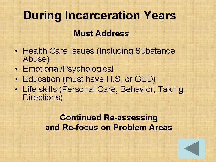During Incarceration Years Must Address • Health Care Issues (Including Substance Abuse) • Emotional/Psychological