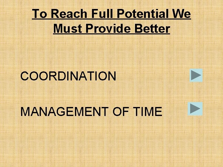 To Reach Full Potential We Must Provide Better COORDINATION MANAGEMENT OF TIME 