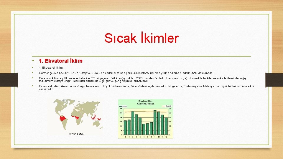 Sıcak İkimler • 1. Ekvatoral İklim • 1. Ekvatoral İklim • Ekvator çevresinde, 0°