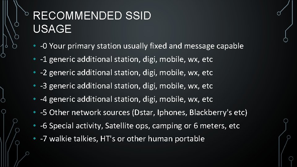 RECOMMENDED SSID USAGE • -0 Your primary station usually fixed and message capable •