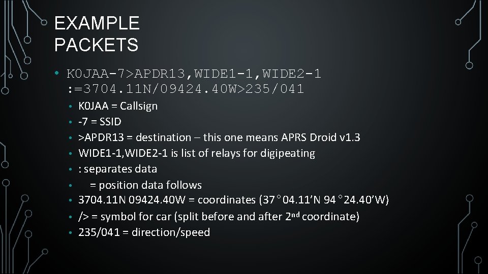 EXAMPLE PACKETS • K 0 JAA-7>APDR 13, WIDE 1 -1, WIDE 2 -1 :