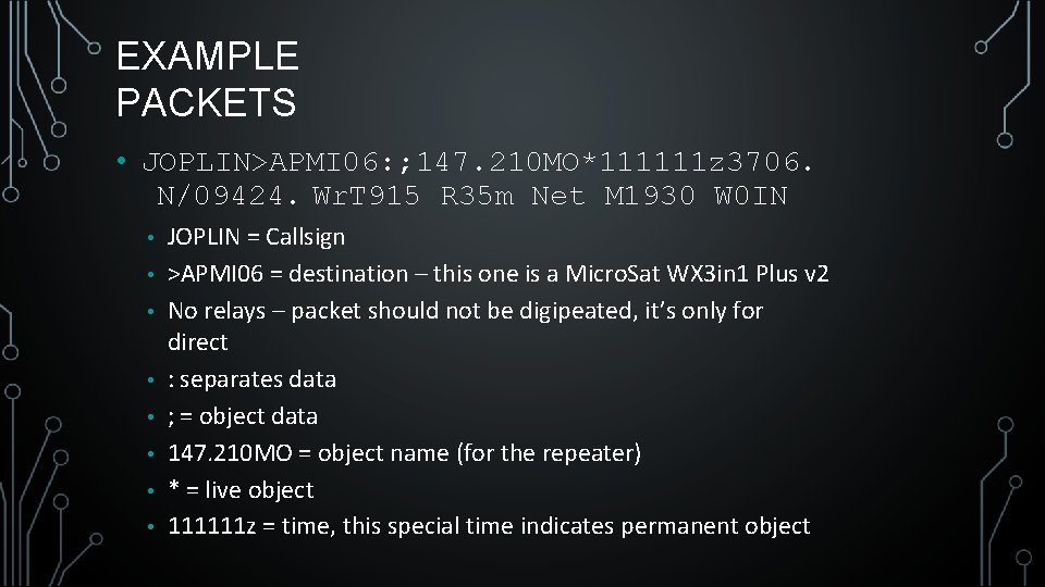 EXAMPLE PACKETS • JOPLIN>APMI 06: ; 147. 210 MO*111111 z 3706. N/09424. Wr. T