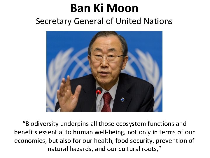 Ban Ki Moon Secretary General of United Nations “Biodiversity underpins all those ecosystem functions