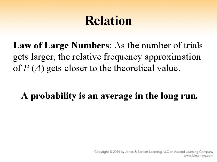 Relation Law of Large Numbers: As the number of trials gets larger, the relative
