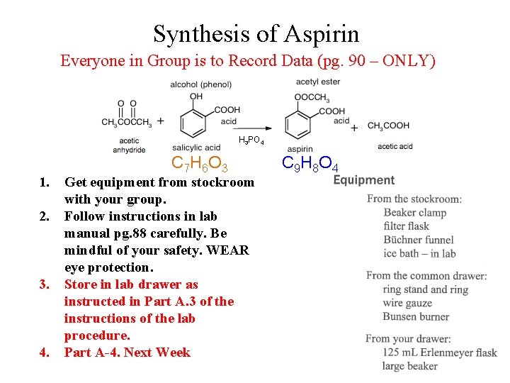 Synthesis of Aspirin Everyone in Group is to Record Data (pg. 90 – ONLY)