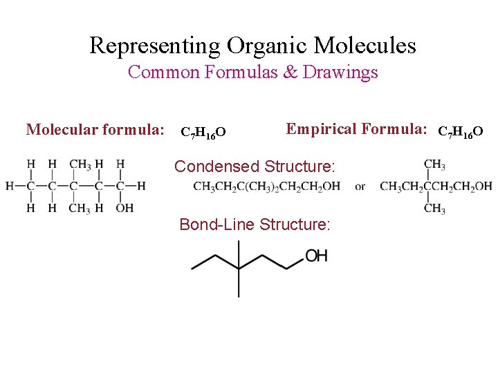 Representing Organic Molecules Common Formulas & Drawings Molecular formula: C 7 H 16 O