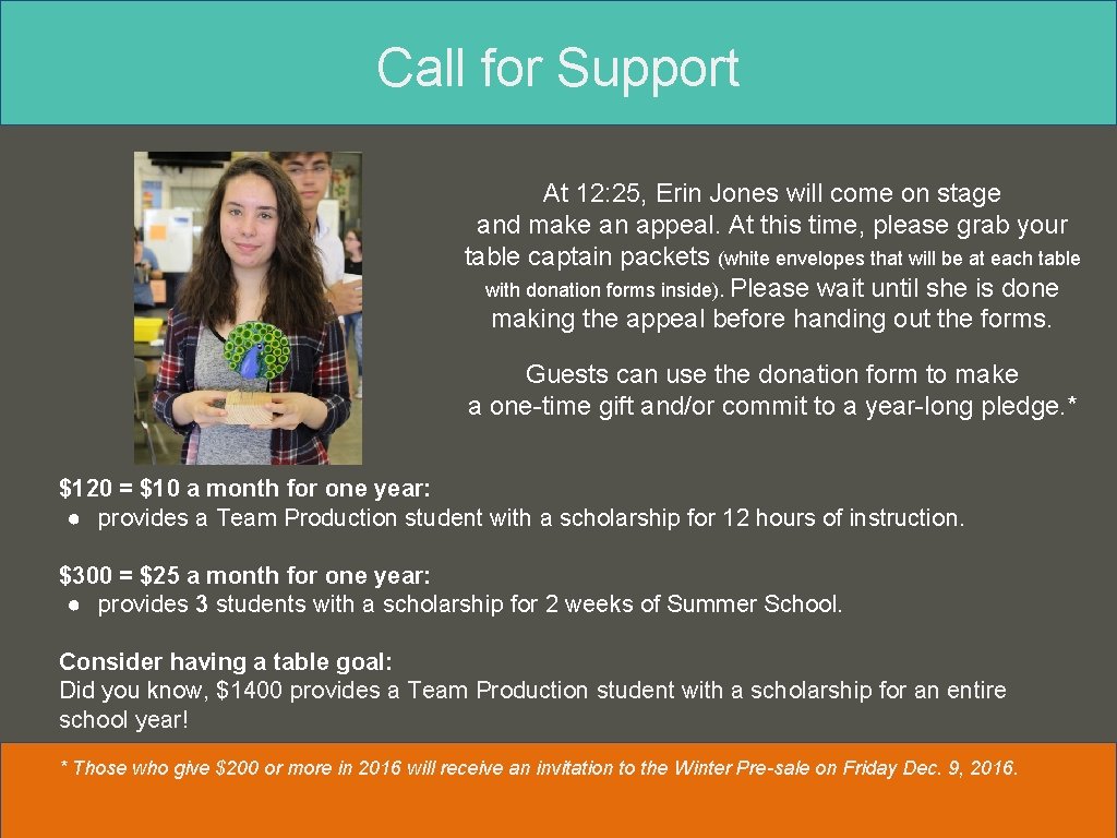 Call for Support At 12: 25, Erin Jones will come on stage and make