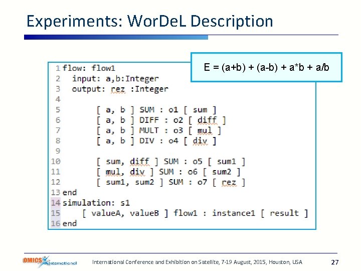 Experiments: Wor. De. L Description E = (a+b) + (a-b) + a*b + a/b