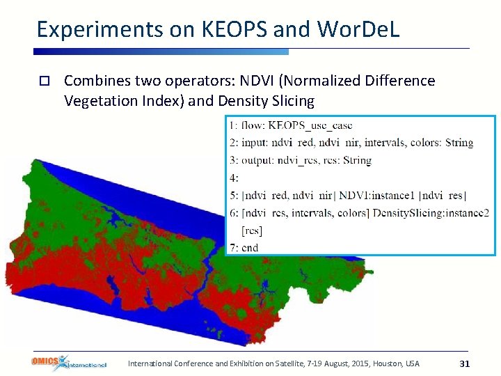 Experiments on KEOPS and Wor. De. L o Combines two operators: NDVI (Normalized Difference