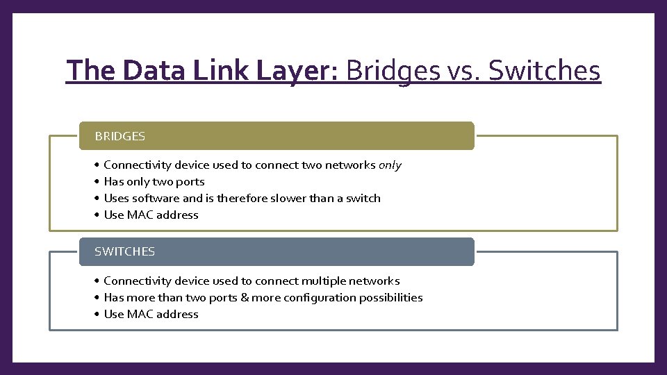 The Data Link Layer: Bridges vs. Switches BRIDGES • Connectivity device used to connect