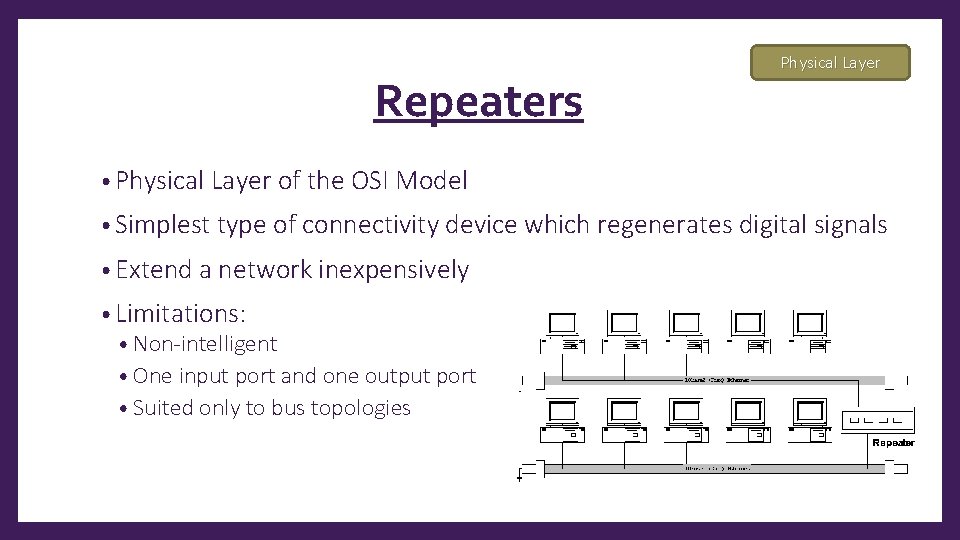 Repeaters Physical Layer • Physical Layer of the OSI Model • Simplest type of