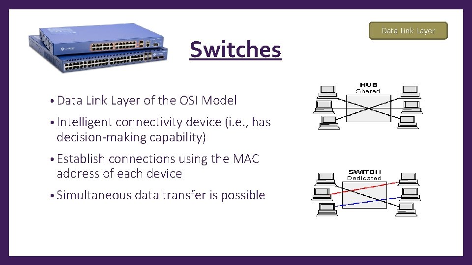 Switches • Data Link Layer of the OSI Model • Intelligent connectivity device (i.