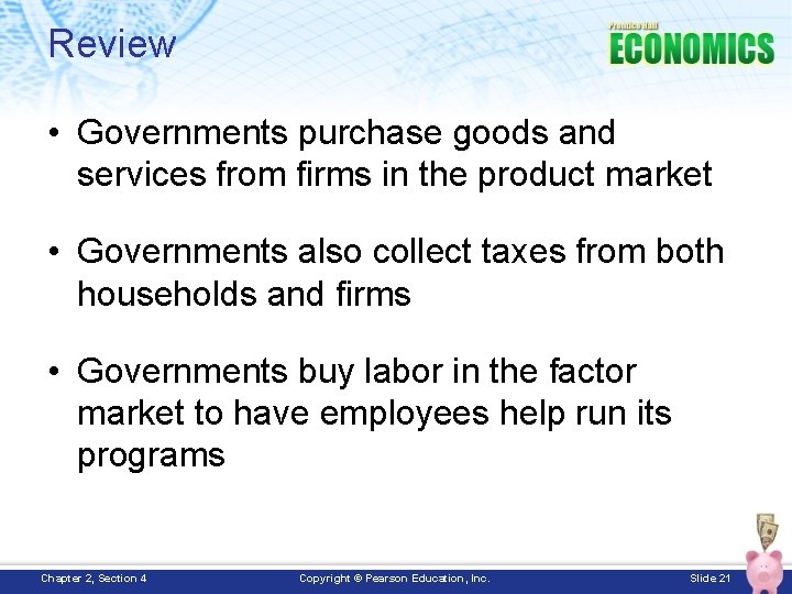 Review • Governments purchase goods and services from firms in the product market •