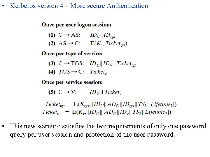  • Kerberos version 4 – More secure Authentication • This new scenario satisfies