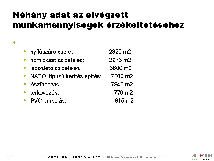 Néhány adat az elvégzett munkamennyiségek érzékeltetéséhez • • 29 nyílászáró csere: homlokzat szigetelés: lapostető