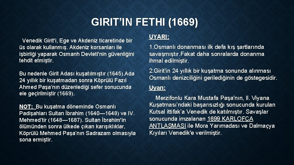 GIRIT’IN FETHI (1669) Venedik Girit'i, Ege ve Akdeniz ticaretinde bir üs olarak kullanmış. Akdeniz