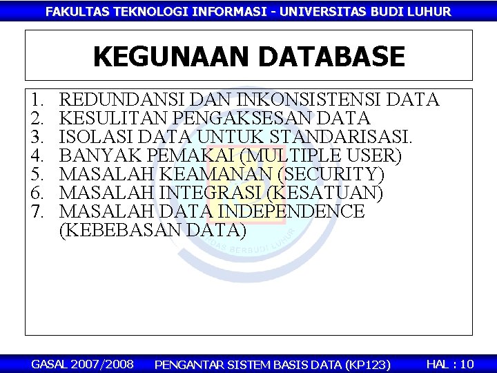 FAKULTAS TEKNOLOGI INFORMASI - UNIVERSITAS BUDI LUHUR KEGUNAAN DATABASE 1. 2. 3. 4. 5.