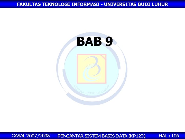 FAKULTAS TEKNOLOGI INFORMASI - UNIVERSITAS BUDI LUHUR BAB 9 GASAL 2007/2008 PENGANTAR SISTEM BASIS