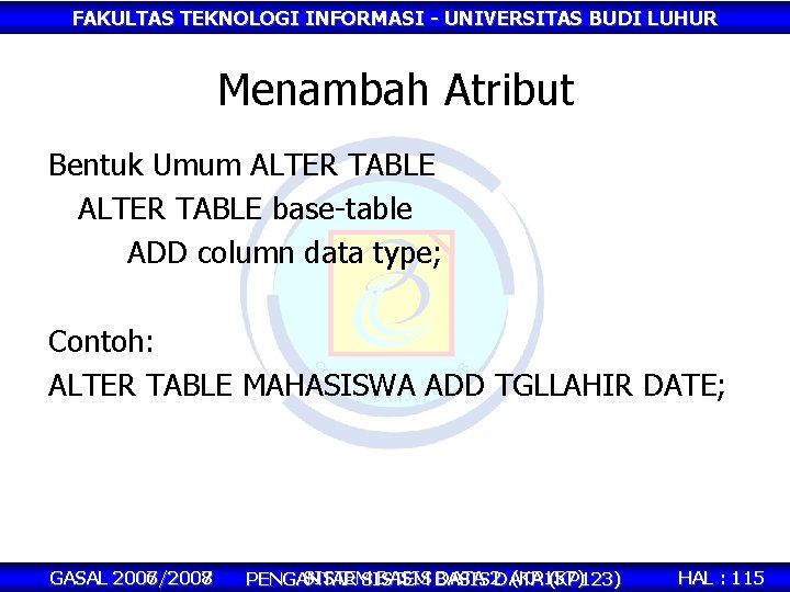 FAKULTAS TEKNOLOGI INFORMASI - UNIVERSITAS BUDI LUHUR Menambah Atribut Bentuk Umum ALTER TABLE base-table