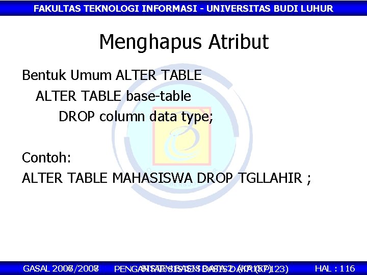 FAKULTAS TEKNOLOGI INFORMASI - UNIVERSITAS BUDI LUHUR Menghapus Atribut Bentuk Umum ALTER TABLE base-table