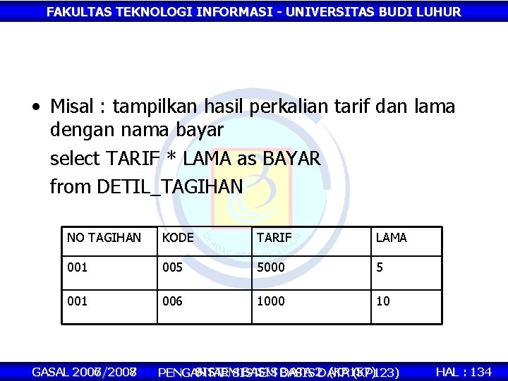 FAKULTAS TEKNOLOGI INFORMASI - UNIVERSITAS BUDI LUHUR • Misal : tampilkan hasil perkalian tarif