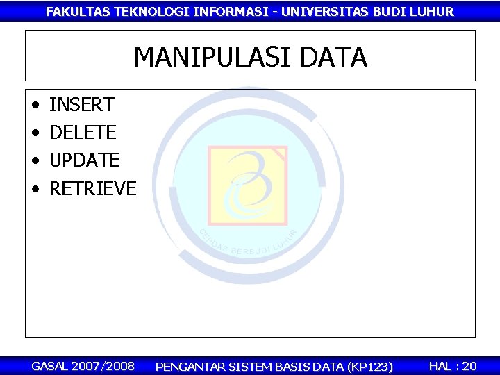 FAKULTAS TEKNOLOGI INFORMASI - UNIVERSITAS BUDI LUHUR MANIPULASI DATA • • INSERT DELETE UPDATE