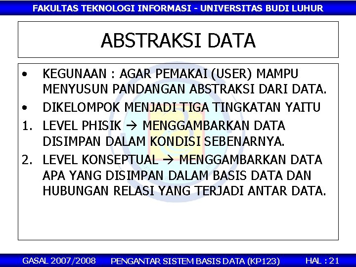 FAKULTAS TEKNOLOGI INFORMASI - UNIVERSITAS BUDI LUHUR ABSTRAKSI DATA • KEGUNAAN : AGAR PEMAKAI