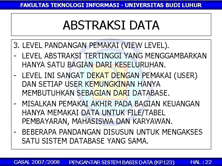 FAKULTAS TEKNOLOGI INFORMASI - UNIVERSITAS BUDI LUHUR ABSTRAKSI DATA 3. LEVEL PANDANGAN PEMAKAI (VIEW