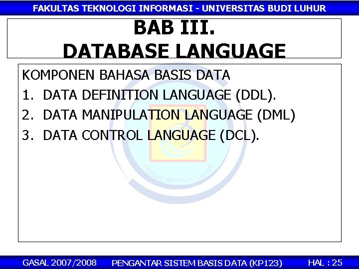 FAKULTAS TEKNOLOGI INFORMASI - UNIVERSITAS BUDI LUHUR BAB III. DATABASE LANGUAGE KOMPONEN BAHASA BASIS