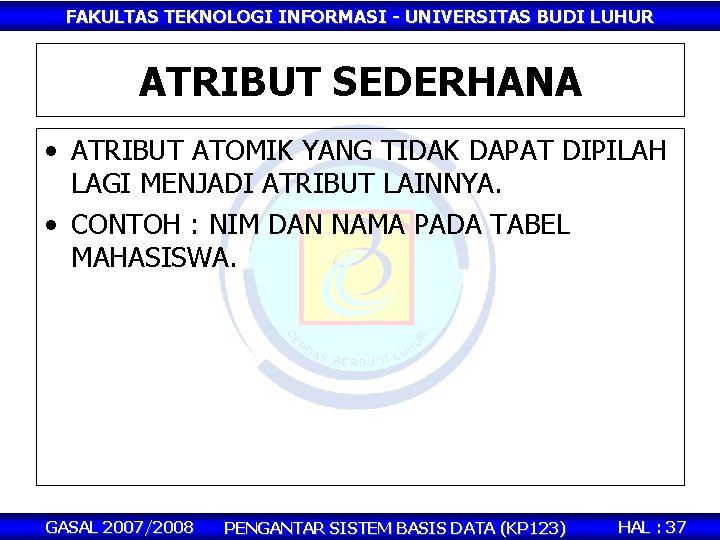 FAKULTAS TEKNOLOGI INFORMASI - UNIVERSITAS BUDI LUHUR ATRIBUT SEDERHANA • ATRIBUT ATOMIK YANG TIDAK