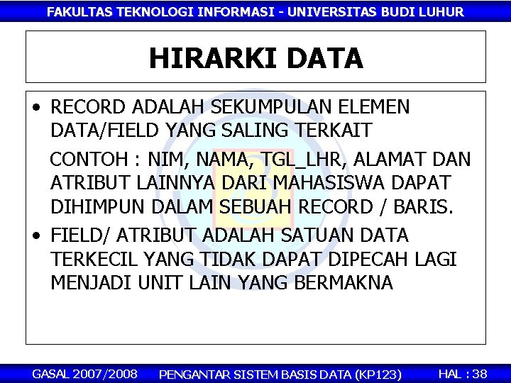 FAKULTAS TEKNOLOGI INFORMASI - UNIVERSITAS BUDI LUHUR HIRARKI DATA • RECORD ADALAH SEKUMPULAN ELEMEN