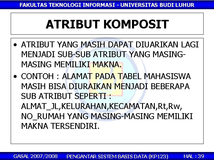 FAKULTAS TEKNOLOGI INFORMASI - UNIVERSITAS BUDI LUHUR ATRIBUT KOMPOSIT • ATRIBUT YANG MASIH DAPAT
