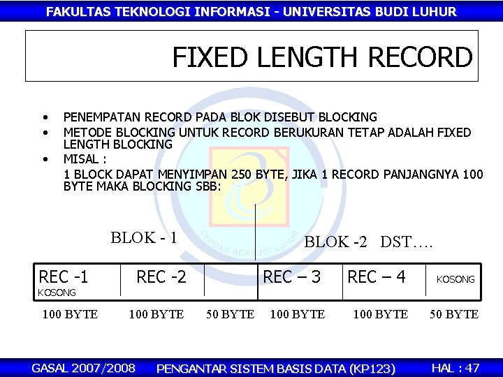 FAKULTAS TEKNOLOGI INFORMASI - UNIVERSITAS BUDI LUHUR FIXED LENGTH RECORD • • • PENEMPATAN