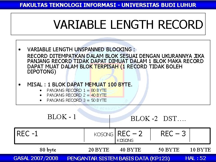 FAKULTAS TEKNOLOGI INFORMASI - UNIVERSITAS BUDI LUHUR VARIABLE LENGTH RECORD • VARIABLE LENGTH UNSPANNED