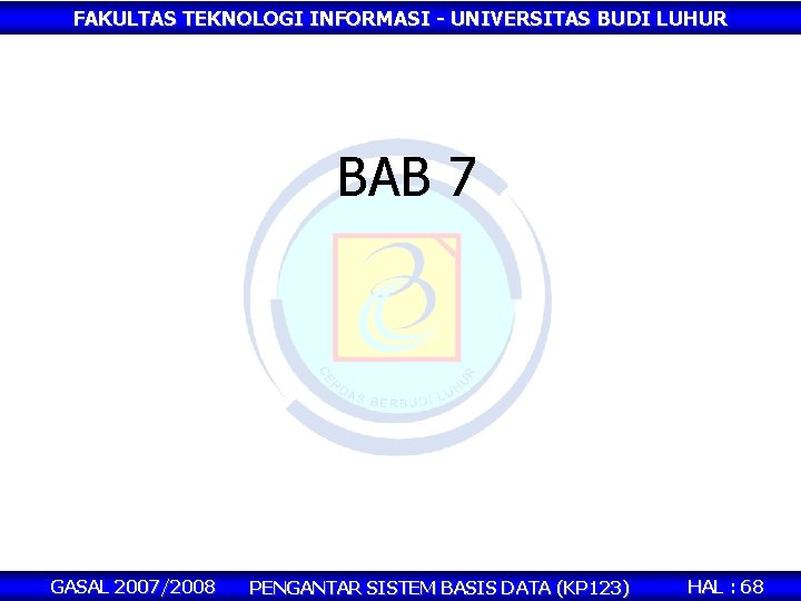 FAKULTAS TEKNOLOGI INFORMASI - UNIVERSITAS BUDI LUHUR BAB 7 GASAL 2007/2008 PENGANTAR SISTEM BASIS