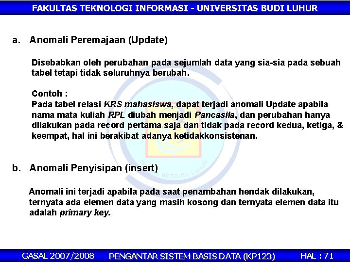 FAKULTAS TEKNOLOGI INFORMASI - UNIVERSITAS BUDI LUHUR a. Anomali Peremajaan (Update) Disebabkan oleh perubahan